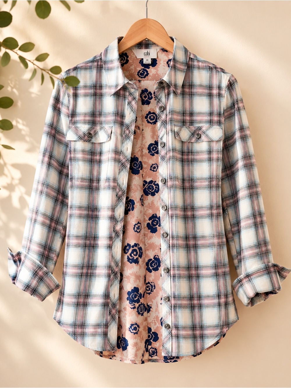 cAbi Festival Shirt #233 Plaid Floral Contrast Button Down Size XS NWT